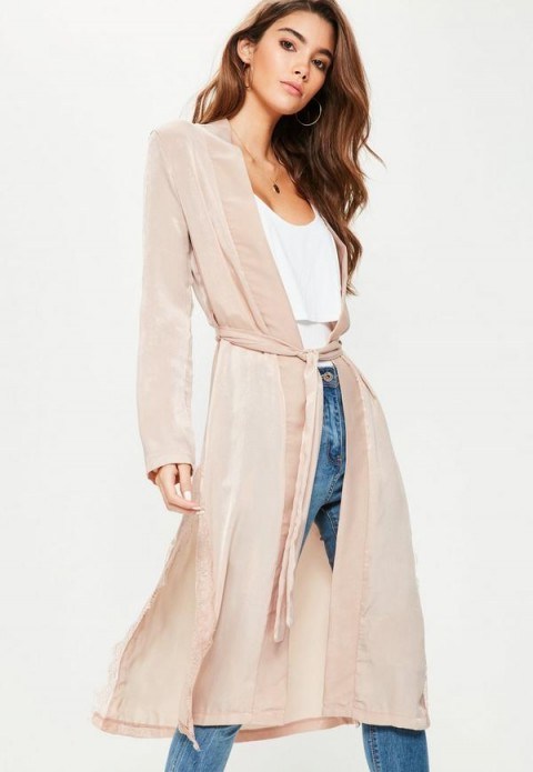 Missguided pink satin lace applique side kimono jacket ~ long lightweight jackets ~ duster coats - flipped