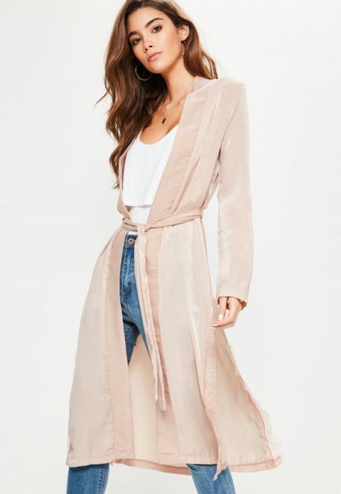 Missguided pink satin lace applique side kimono jacket ~ long lightweight jackets ~ duster coats