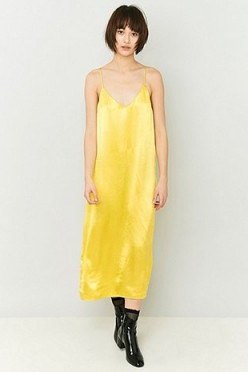 Pins & Needles Yellow Satin Midi Slip Dress. Cami dresses ~ spaghetti strap fashion ~thin straps ~ silky - flipped