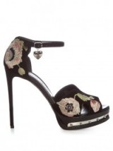 ALEXANDER MCQUEEN Poppy-embroidered black suede sandals ~ Luxe stiletto heeled shoes ~ floral embroidery platforms ~ luxury platform shoes ~ beautiful designer footwear