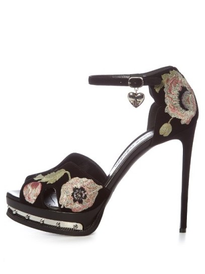 ALEXANDER MCQUEEN Poppy-embroidered black suede sandals ~ Luxe stiletto heeled shoes ~ floral embroidery platforms ~ luxury platform shoes ~ beautiful designer footwear - flipped