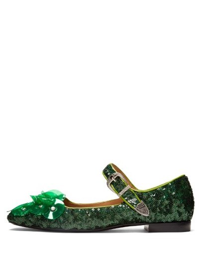 TOGA Sequin square-toe embellished ballet flats ~ emerald-green Mary Jane shoes ~ luxe Mary Janes ~ sequined footwear ~ sequins ~ statement flats ~ flat pumps - flipped