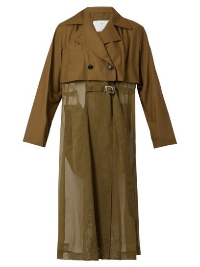 TOGA Sheer-panel trench coat ~ khaki green coats ~ designer fashion - flipped
