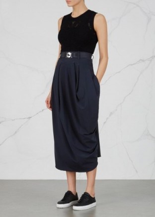 HIGH Swathe draped navy stretch jersey skirt ~ contemporary midi skirts ~ stylish & elegant fashion - flipped