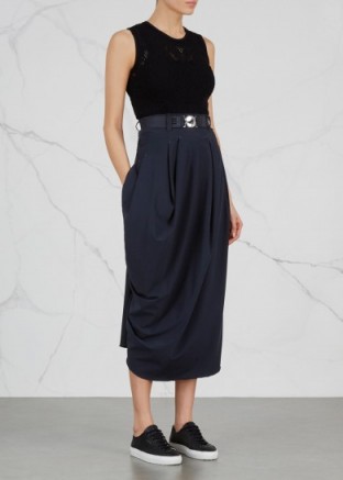 HIGH Swathe draped navy stretch jersey skirt ~ contemporary midi skirts ~ stylish & elegant fashion