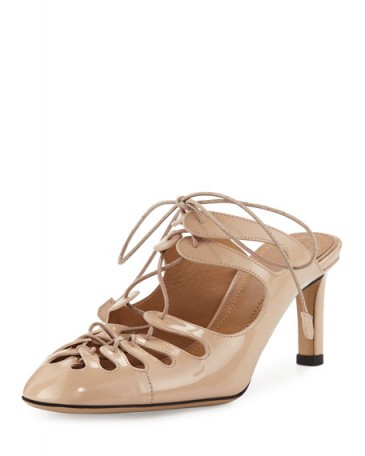 THE ROW Dixie Patent Leather Lace-Up Mule in Beige. Luxury mules | Mary-Kate & Ashley Olsen clothing brand | luxe shoes | stylish fashion