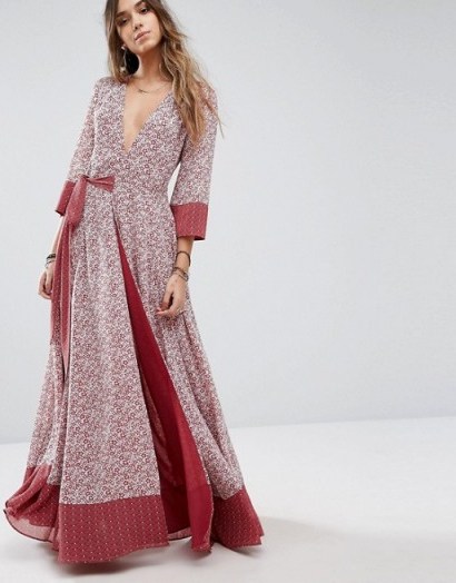 Tularosa Jolene Maxi Dress dusted berry – long wrap style dresses – floral print – tie waist – spring/summer fashion – plunge front neckline – 3/4 length sleeves - flipped