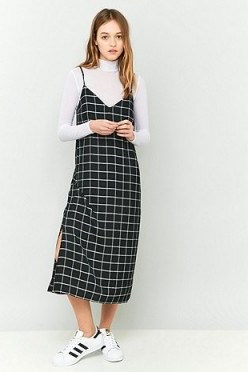 Urban Outfitters Black Checked Midi Slip Dress. black cami dresses | check prints | strappy day fashion | thin straps | spaghetti strap - flipped