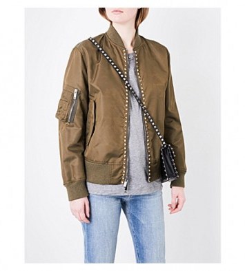 VALENTINO Rockstud Untitled shell bomber jacket in khaki. Designer casual jackets | luxe fashion | stud embellished | studded | pyramid studs - flipped