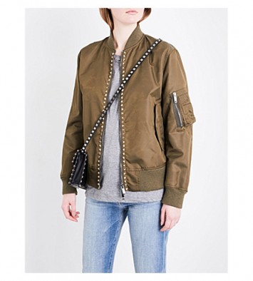 VALENTINO Rockstud Untitled shell bomber jacket in khaki. Designer casual jackets | luxe fashion | stud embellished | studded | pyramid studs