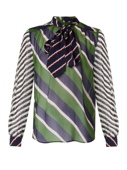 MARY KATRANTZOU Veddar graphic-print silk-chiffon blouse ~ pussy bow blouses ~ blouson sleeved tops ~ graphic prints ~ designer fashion ~ striped silk-georgette fabric ~ bold stripes - flipped