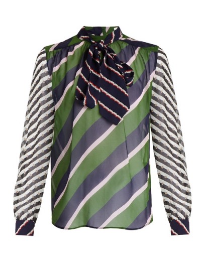 MARY KATRANTZOU Veddar graphic-print silk-chiffon blouse ~ pussy bow blouses ~ blouson sleeved tops ~ graphic prints ~ designer fashion ~ striped silk-georgette fabric ~ bold stripes