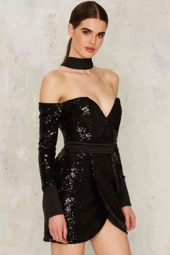 Zhivago Siempre Viva Off-the-Shoulder Dress ~ lbd ~ shimmering party dresses ~ evening glamour ~ black embellished mini dresses ~ choker dress ~ sequined ~ glittering sequins - flipped