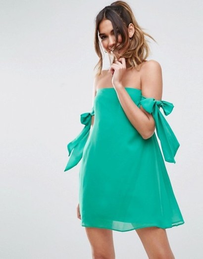 ASOS Bow Cold Shoulder Trapeze Mini Dress ~ green party dresses - flipped