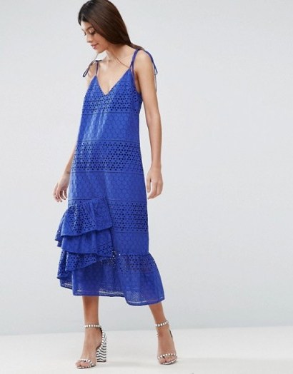 ASOS Slip Dress in Lace with Ruffle Hem Blue. Cami dresses | strappy | ruffled | summer fashion - flipped