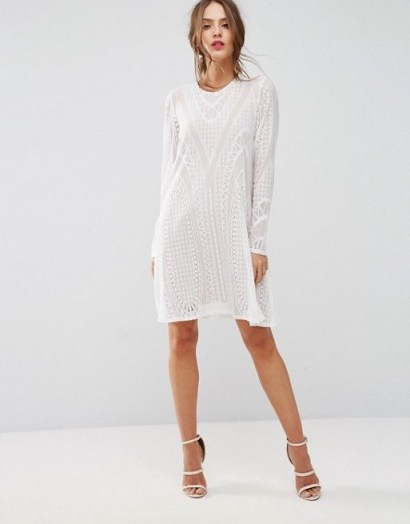 BCBG MAXAZRIA Off White Lace Dress ~ long sleeve shift dresses ~ party wear ~ evening fashion ~ occasion clothing - flipped
