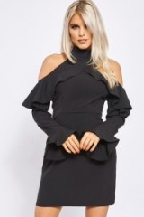 BILLIE FAIERS BLACK COLD SHOULDER FRILL MINI DRESS ~ high neck party dresses ~ ruffled evening fashion ~ going out glamour ~ frilly & feminine ~ ruffles