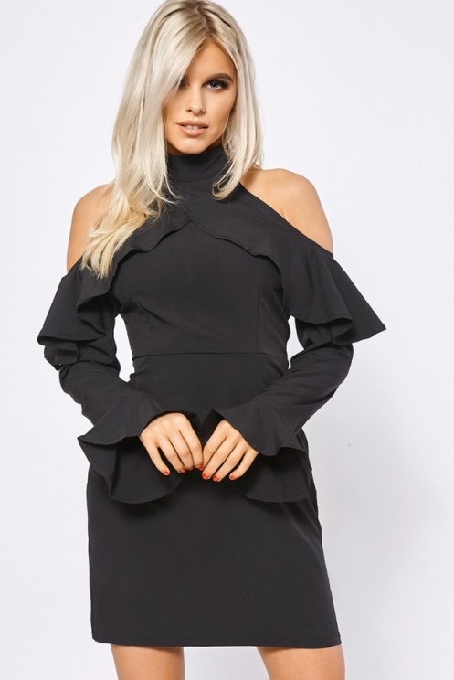 BILLIE FAIERS BLACK COLD SHOULDER FRILL MINI DRESS ~ high neck party dresses ~ ruffled evening fashion ~ going out glamour ~ frilly & feminine ~ ruffles - flipped