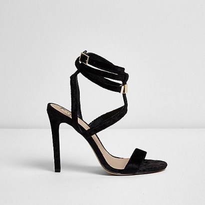 River Island black cage wrap around sandals ~ velvet look strappy sandals ~ party heels ~ stiletto heel shoes ~ evening ~ going out - flipped