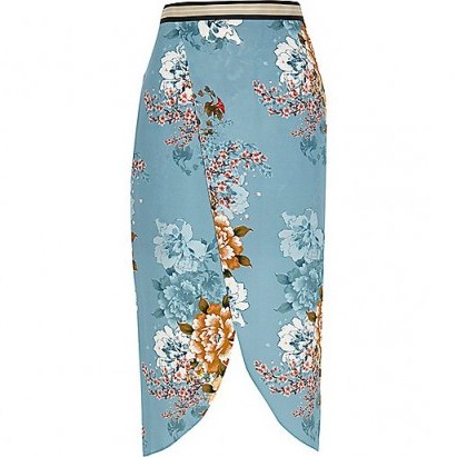 RIVER ISLAND Blue floral print wrap midi skirt – spring fashion – asymmetric hem skirts - flipped