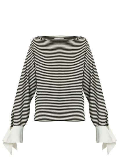 CHLOÉ Boat-neck contrast-cuff black and white striped jersey top ~ chic Breton stripe tops ~ fluted cuffs ~ designer clothing - flipped