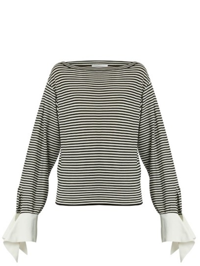 CHLOÉ Boat-neck contrast-cuff black and white striped jersey top ~ chic Breton stripe tops ~ fluted cuffs ~ designer clothing