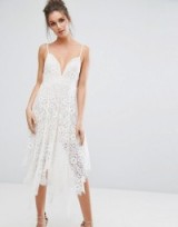 Boohoo Eyelash Lace Plunge Midi Dress Ivory. Plunging occasion dresses | cami strap fashion | strappy | deep V-neckline | low cut front