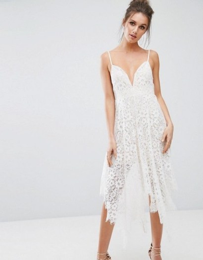 Boohoo Eyelash Lace Plunge Midi Dress Ivory. Plunging occasion dresses | cami strap fashion | strappy | deep V-neckline | low cut front - flipped