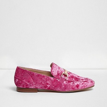 River Island Bright pink velvet loafers ~ hot pink flats ~ slip on flat shoes - flipped