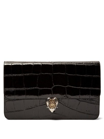 ALEXANDER MCQUEEN Crocodile-effect leather envelope clutch in black ~ designer evening bags ~ luxury handbags - flipped