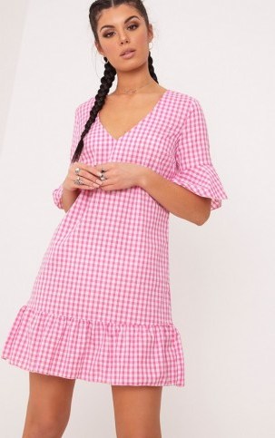 FENALINE PINK GINGHAM PLUNGE FRILL DETAIL SHIFT DRESS ~ short sleeve summer dresses ~ affordable - flipped