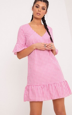 FENALINE PINK GINGHAM PLUNGE FRILL DETAIL SHIFT DRESS ~ short sleeve summer dresses ~ affordable