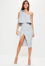 missguided grey crepe one shoulder bow sleeve midi dress – party dresses – going out fashion
