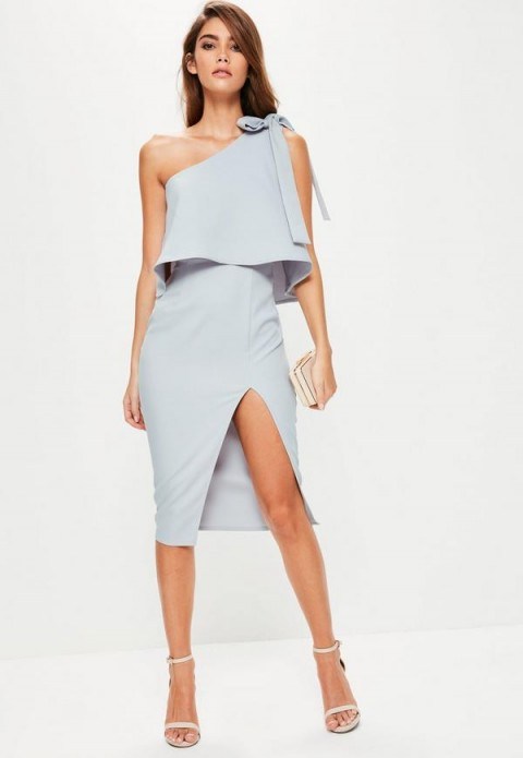 missguided grey crepe one shoulder bow sleeve midi dress – party dresses – going out fashion - flipped