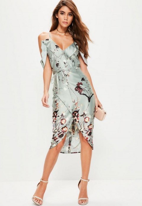 missguided grey frill floral midi dress – cold shoulder party dresses – wrap style evening wear – going out fashion – floral print – thin straps - flipped