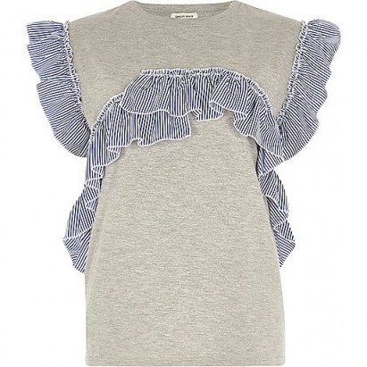 river island Grey marl stripe frill T-shirt ~ frilly tees – ruffled t-shirts – spring tops – fashion - flipped