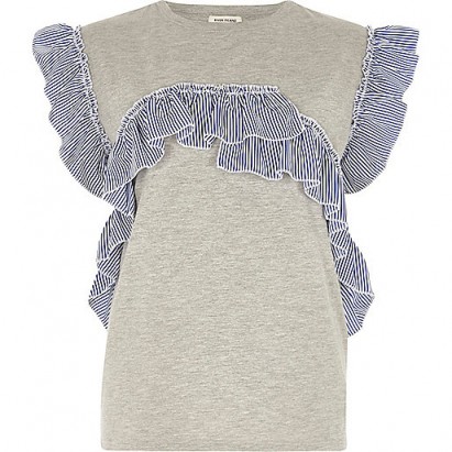 river island Grey marl stripe frill T-shirt ~ frilly tees – ruffled t-shirts – spring tops – fashion