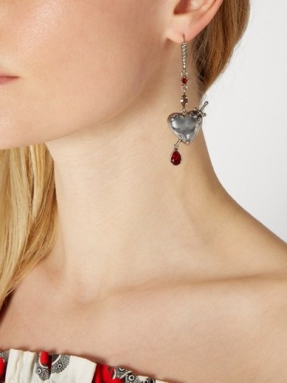ALEXANDER MCQUEEN Heart Locket earrings ~ statement jewellery ~ silver metal hearts ~ red crystals - flipped