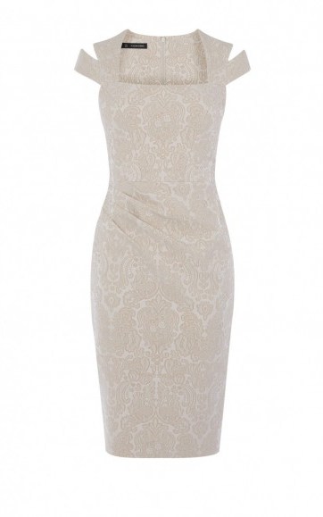 karen millen JACQUARD PENCIL DRESS in CHAMPAGNE ~ neutral fitted dresses ~ luxe occasion wear ~ elegant evening fashion - flipped
