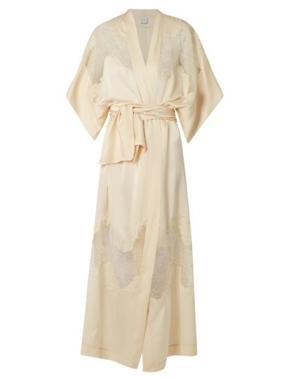 CARINE GILSON Lace-insert long cream silk-satin kimono. Luxe nightwear | luxury kimonos | wide sleeve dressing gowns | loungwear - flipped