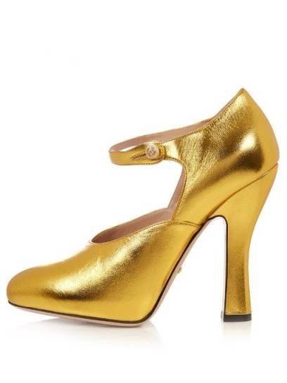 GUCCI Lesley gold leather pumps ~ metallic high heels ~ designer shoes ~ Mary Jane ~ statement Mary Janes - flipped