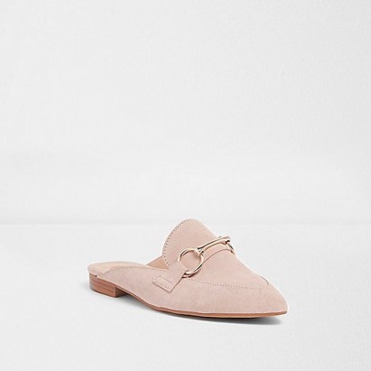 River Island Light pink suede snaffle backless loafers ~ pale pink flats ~ luxe style flat shoes ~ stylish slip ons - flipped