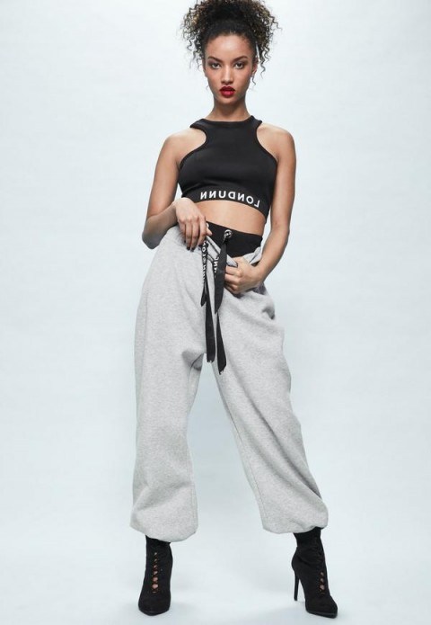 londunn + missguided grey fleeceback wide leg logo joggers. Jourdan Dunn fashion/clothing collaboration - flipped
