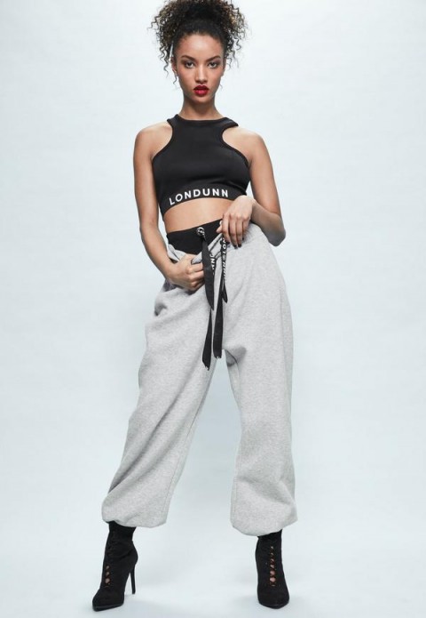 londunn + missguided grey fleeceback wide leg logo joggers. Jourdan Dunn fashion/clothing collaboration