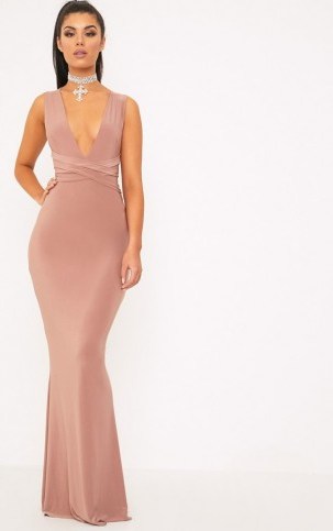 MACI DUSTY ROSE DOUBLE WRAP SLINKY MAXI DRESS ~ long plunge front evening dresses ~ pink - flipped