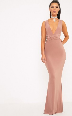 MACI DUSTY ROSE DOUBLE WRAP SLINKY MAXI DRESS ~ long plunge front evening dresses ~ pink