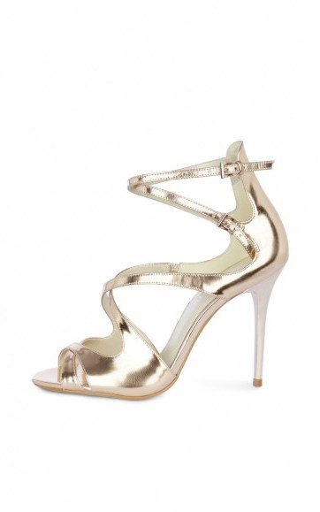 Karen Millen METALLIC STRAPPY STILETTOS ROSE GOLD COLOUR ~ glamorous high heels ~ statement occasion shoes ~ stiletto heel ~ peep toe sandals - flipped