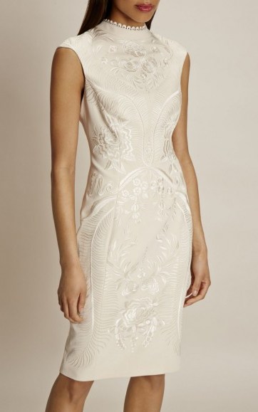 karen millen ORIENTAL EMBROIDERED PENCIL DRESS in NEUTRAL ~ chic high neck dresses ~ sleeveless occasion dresses ~ ladylike luxe - flipped