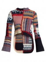 ALEXANDER MCQUEEN Patchwork wool-blend sweater ~ dip back sweaters ~ designer knitwear ~ high low jumpers ~ mixed patterns ~ flared sleeves