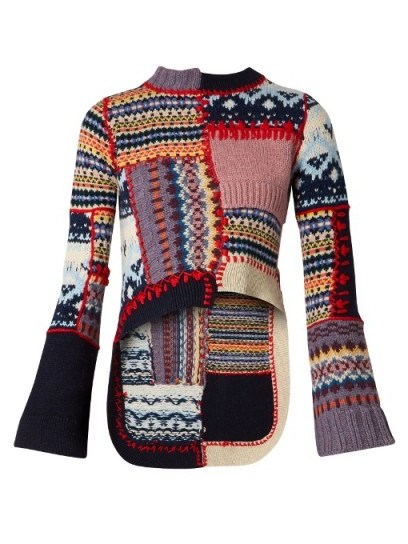 ALEXANDER MCQUEEN Patchwork wool-blend sweater ~ dip back sweaters ~ designer knitwear ~ high low jumpers ~ mixed patterns ~ flared sleeves - flipped